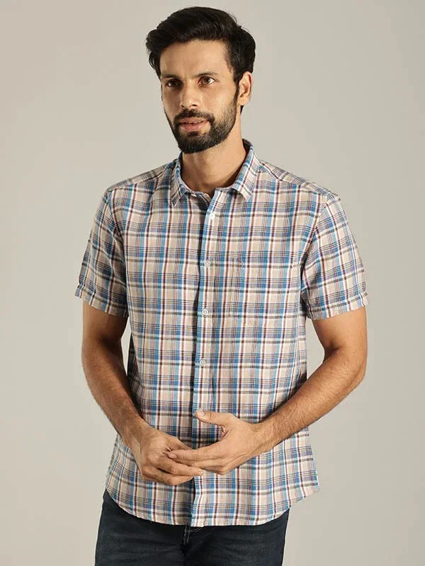 Men's Check Half Sleeves Linen Blend Shirt