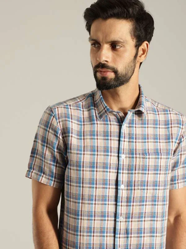 Men's Check Half Sleeves Linen Blend Shirt - Image 2