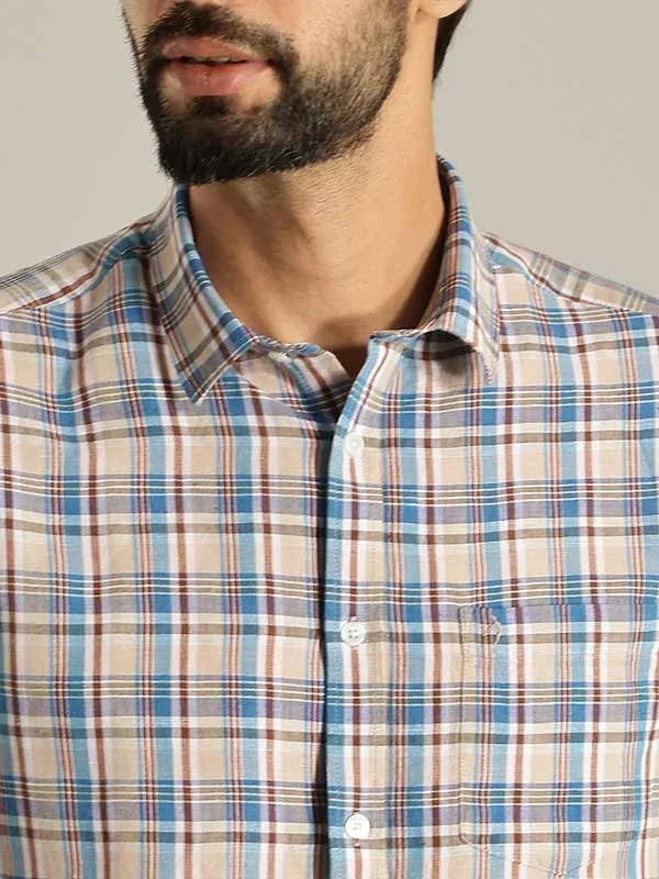 Men's Check Half Sleeves Linen Blend Shirt - Image 3