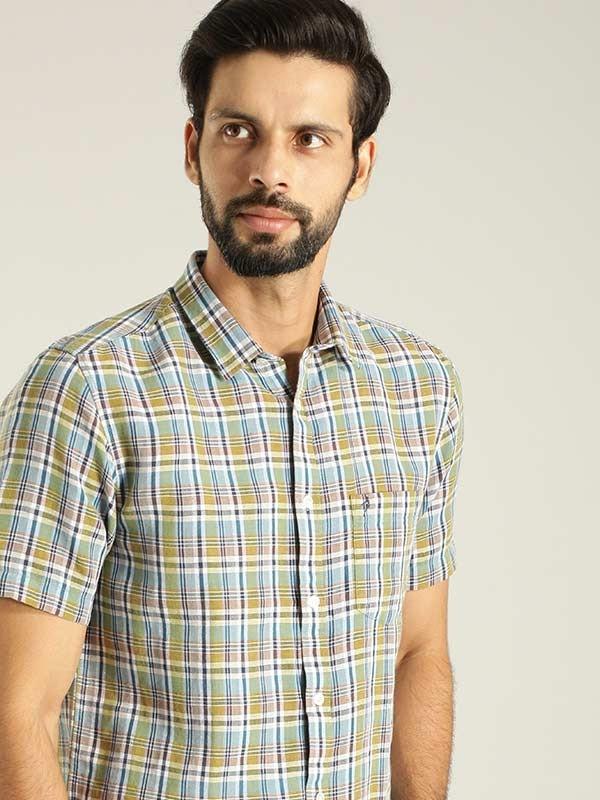 Men's Check Half Sleeves Linen Blend Shirt - Image 6