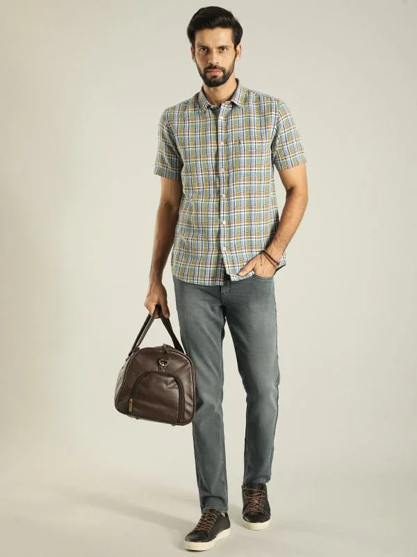 Men's Check Half Sleeves Linen Blend Shirt - Image 8