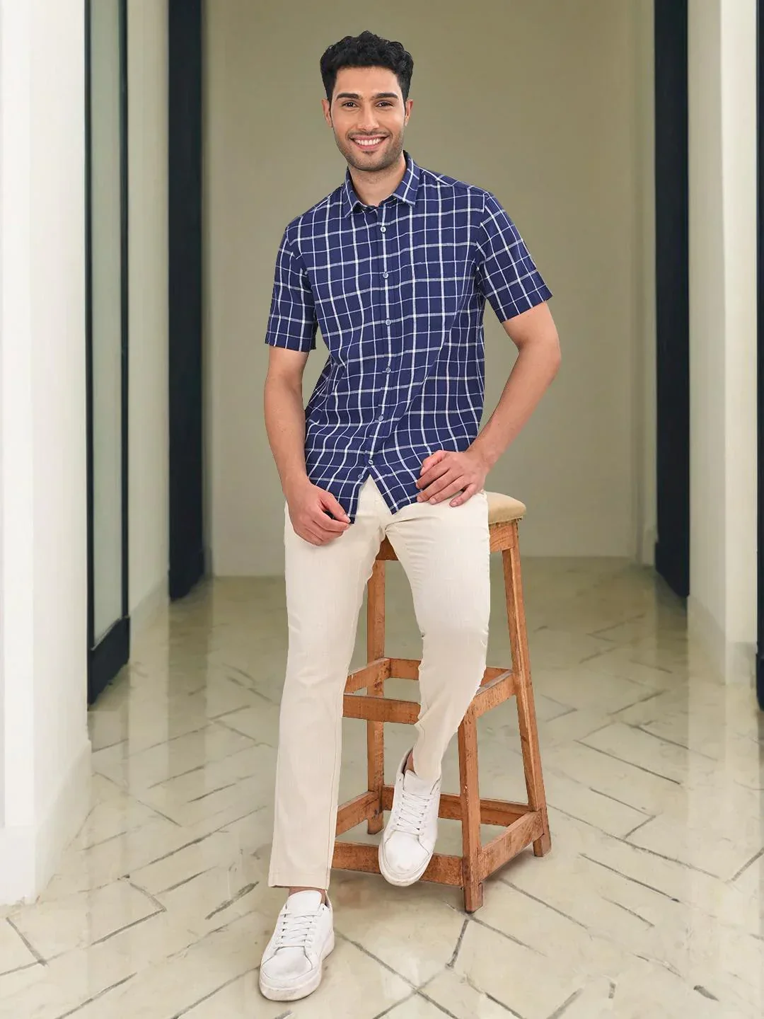 Men's Check Half Sleeves Linen Blend Shirt