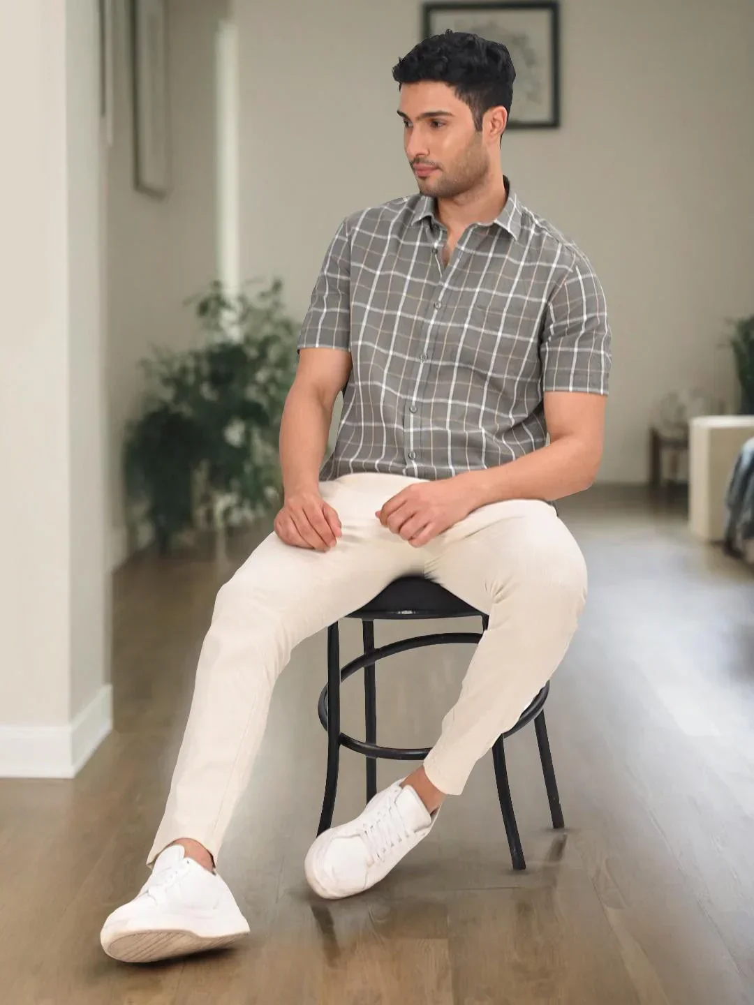 Men's Check Half Sleeves Linen Blend Shirt - Image 5