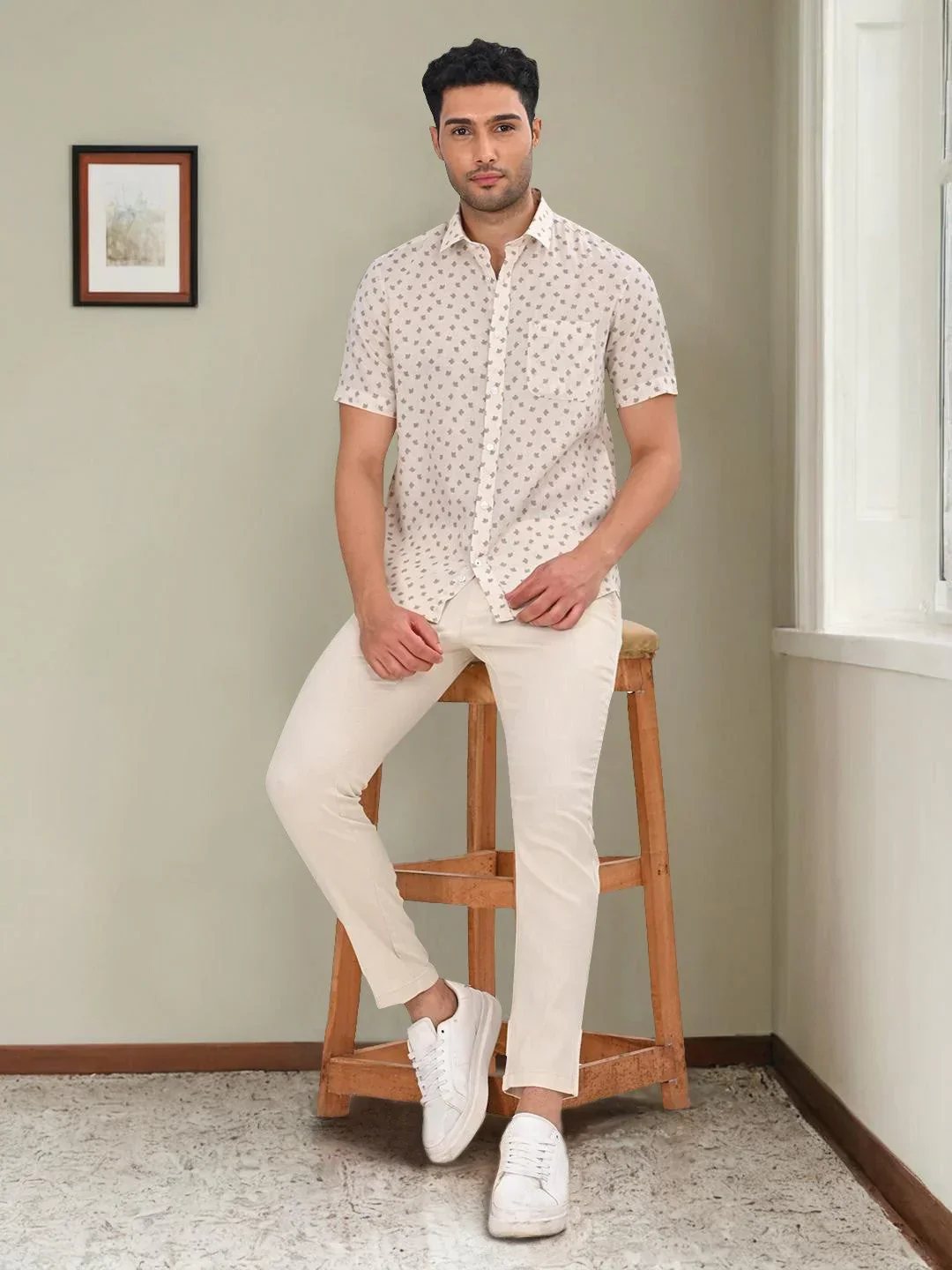 Men's Printed Half Sleeves Linen Blend Shirt