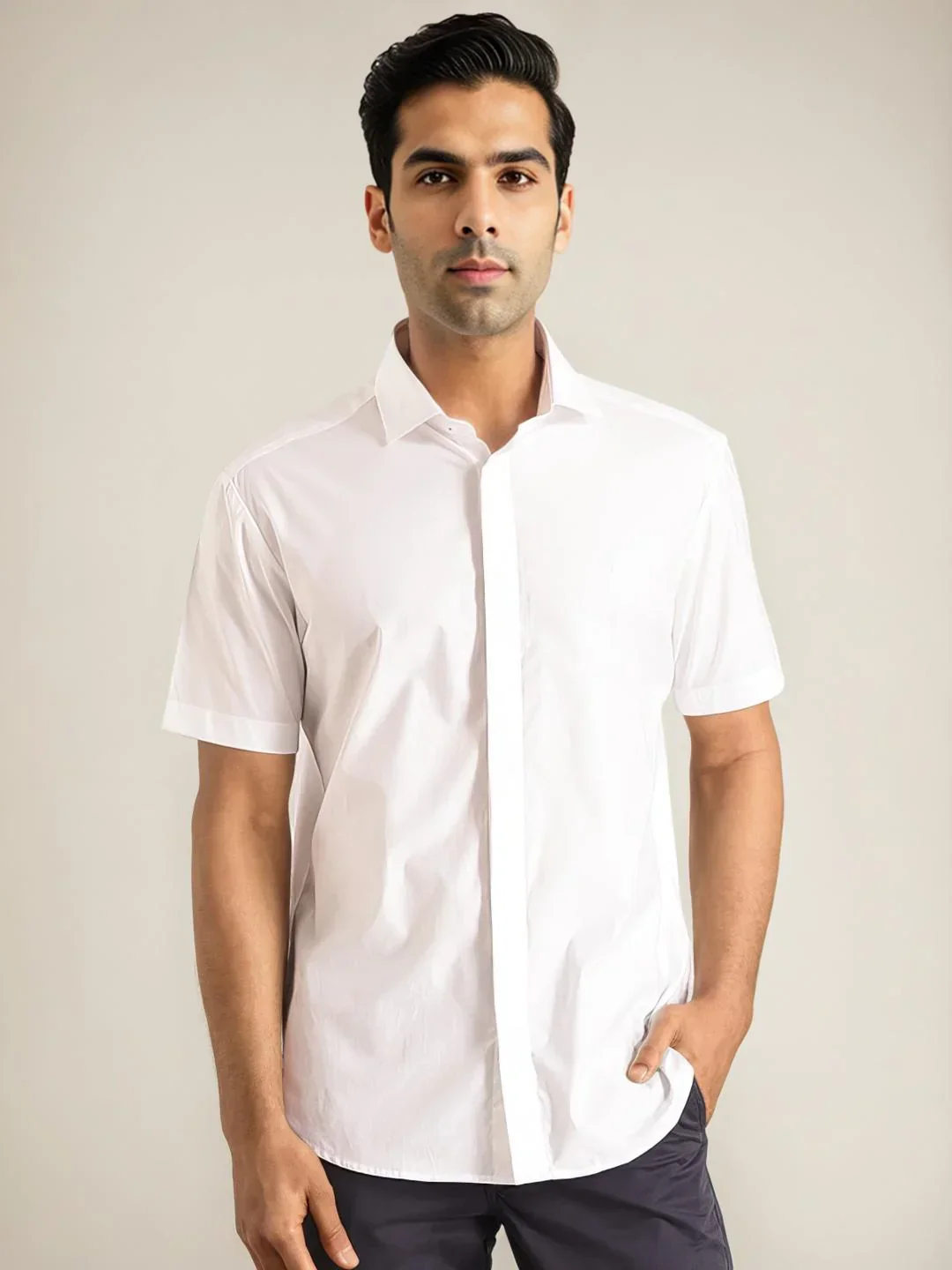 Men's Solid Half Sleeves Cotton Stretch Shirt - Image 5