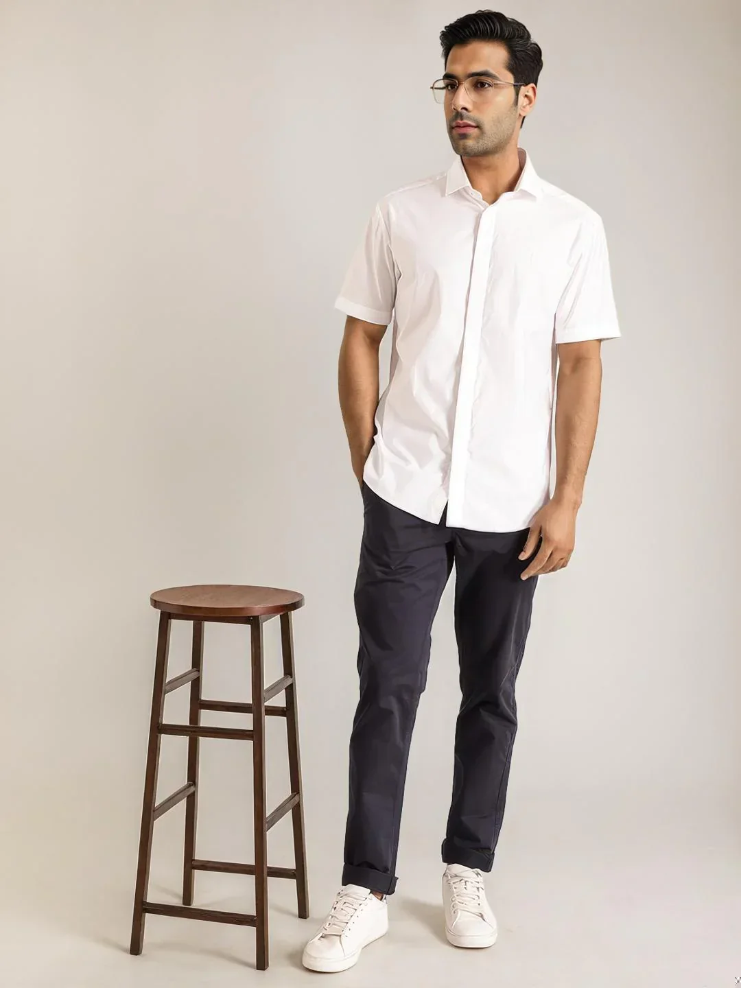 Men's Solid Half Sleeves Cotton Stretch Shirt - Image 8