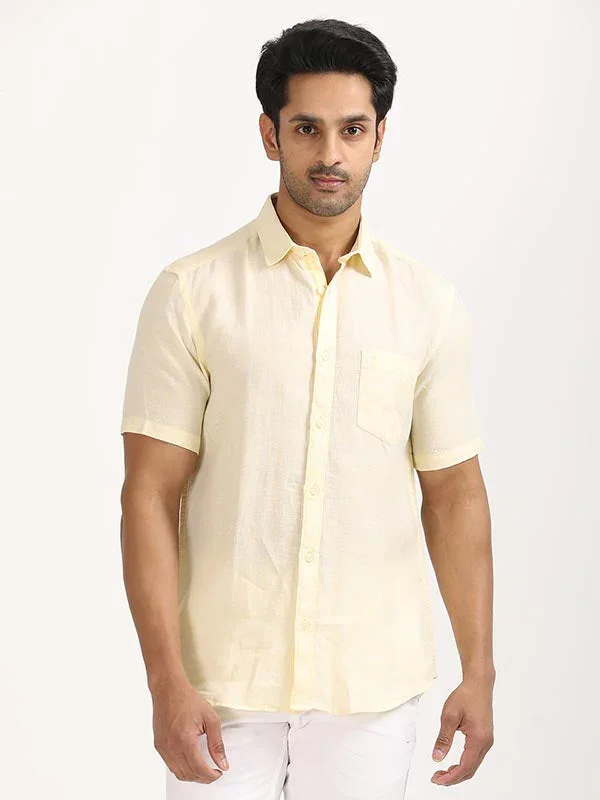 Men's Solid Half Sleeves Linen Shirt - Image 36