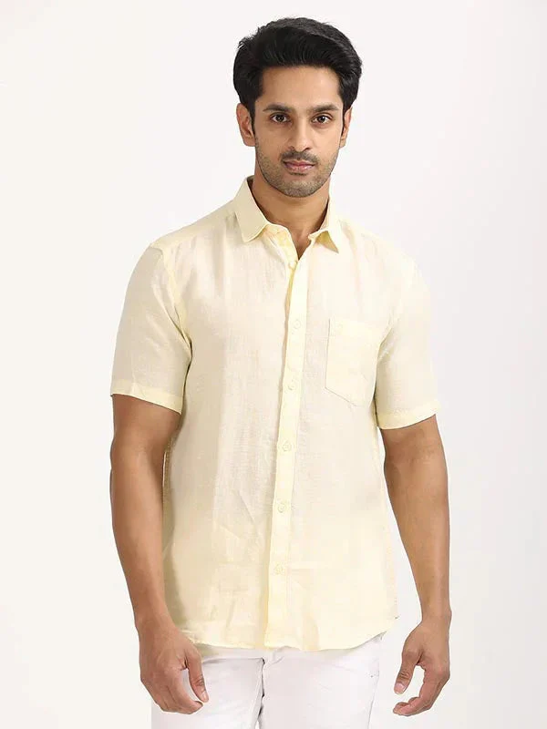 Men's Solid Half Sleeves Linen Shirt - Image 46