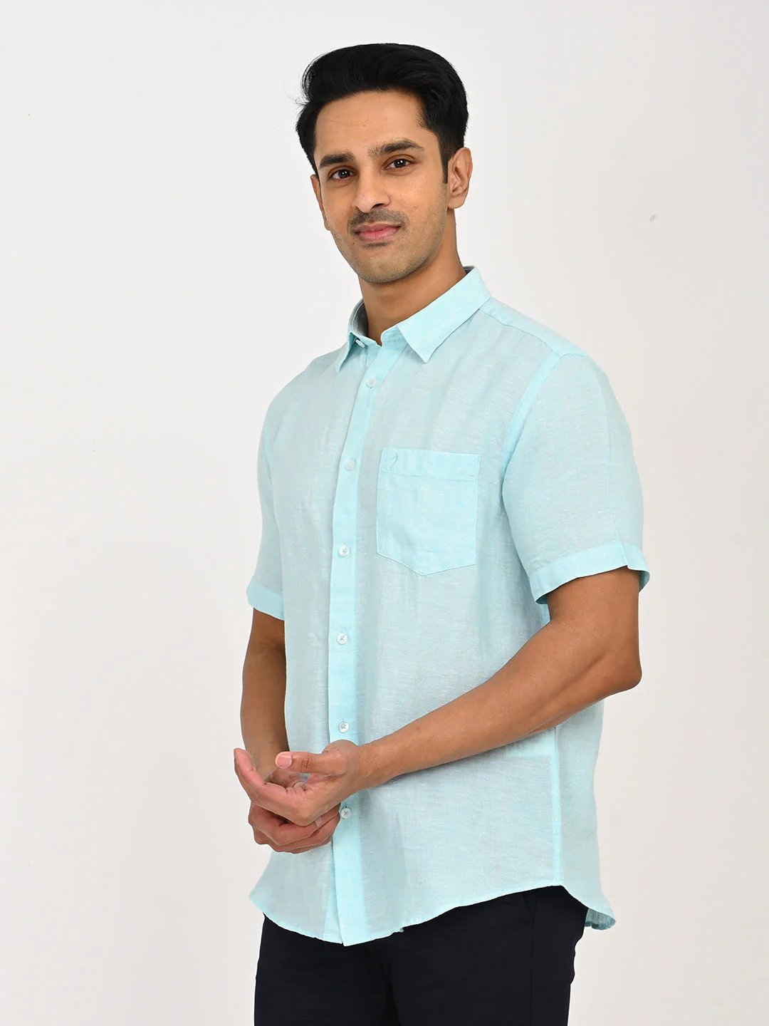 Men's Solid Half Sleeves Linen Shirt - Image 2