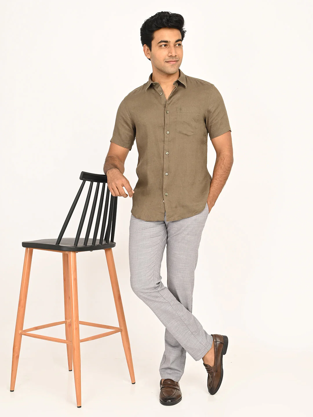 Men's Solid Half Sleeves Linen Shirt - Image 66