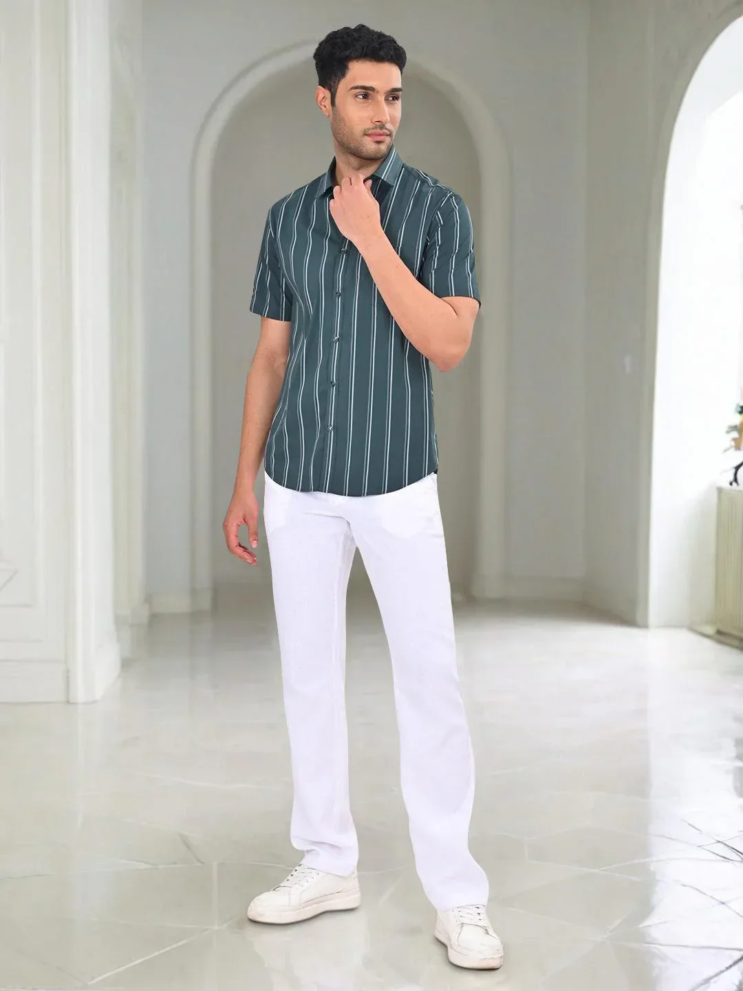 Men's Striped Half Sleeves Cotton Blend Shirt - Image 5