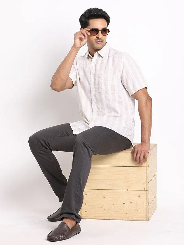 Men's Striped Half Sleeves Linen Blend Shirt - Image 5