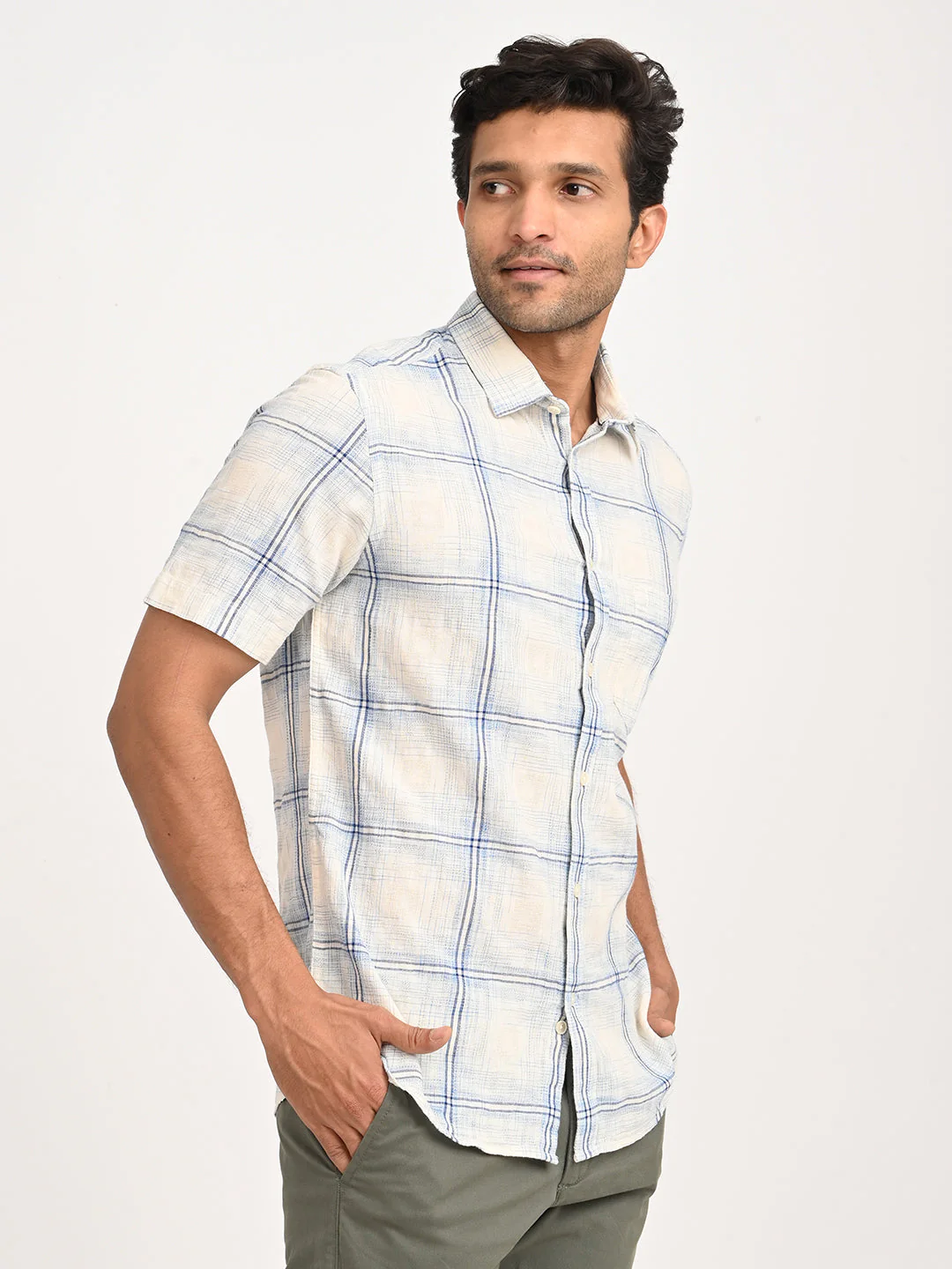 Men's Check Half Sleeve Cotton Blend Shirt - Image 3