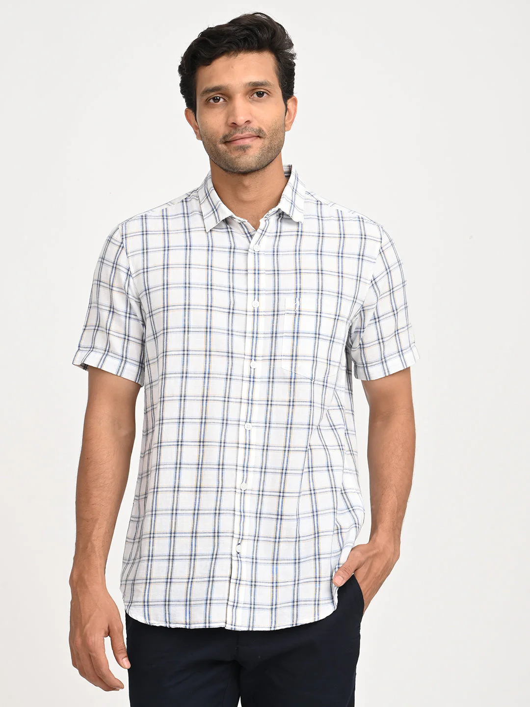 Men's Check Half Sleeve Cotton Blend Shirt