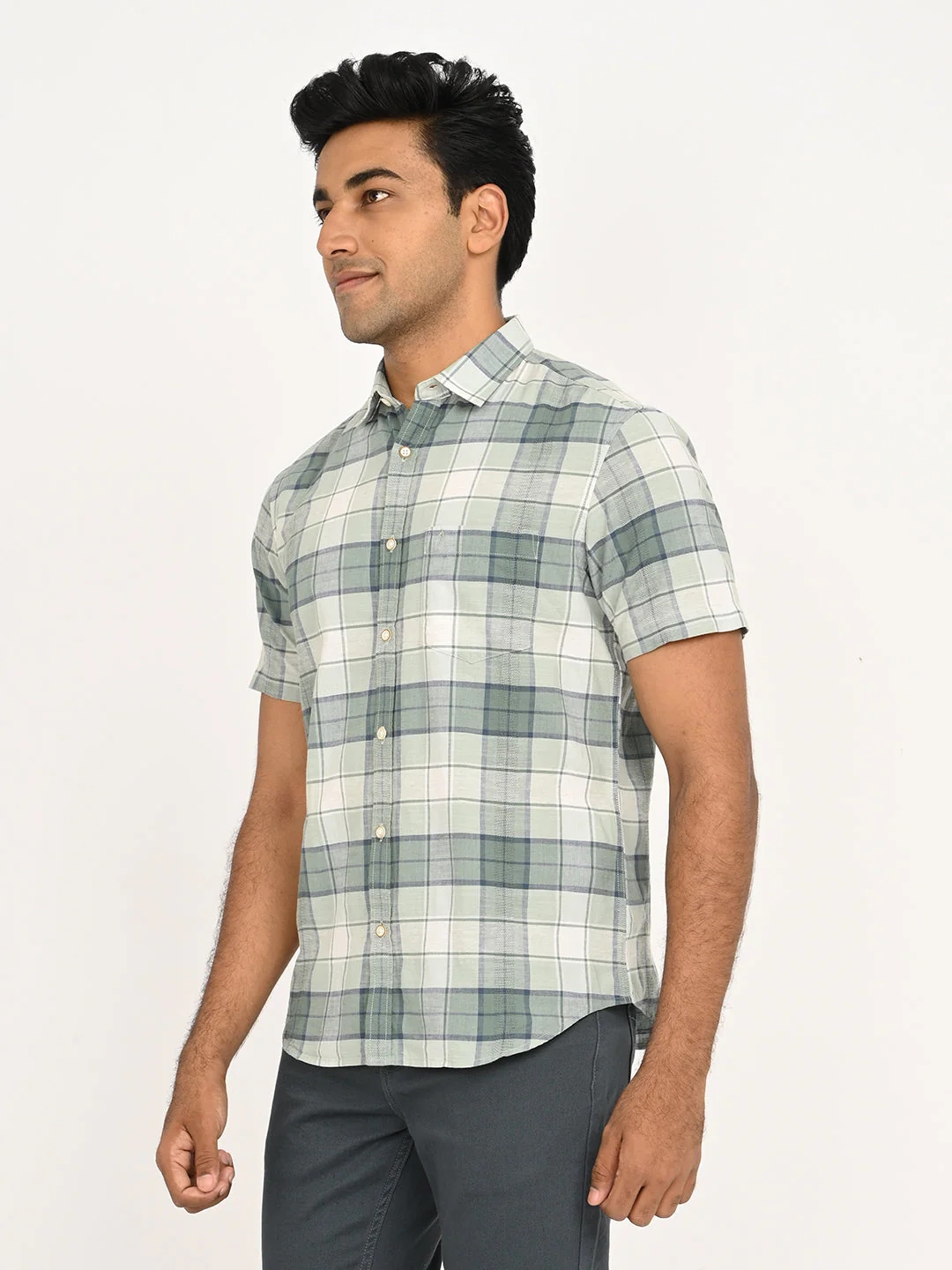 Men's Check Half Sleeve Cotton Linen Shirt - Image 2