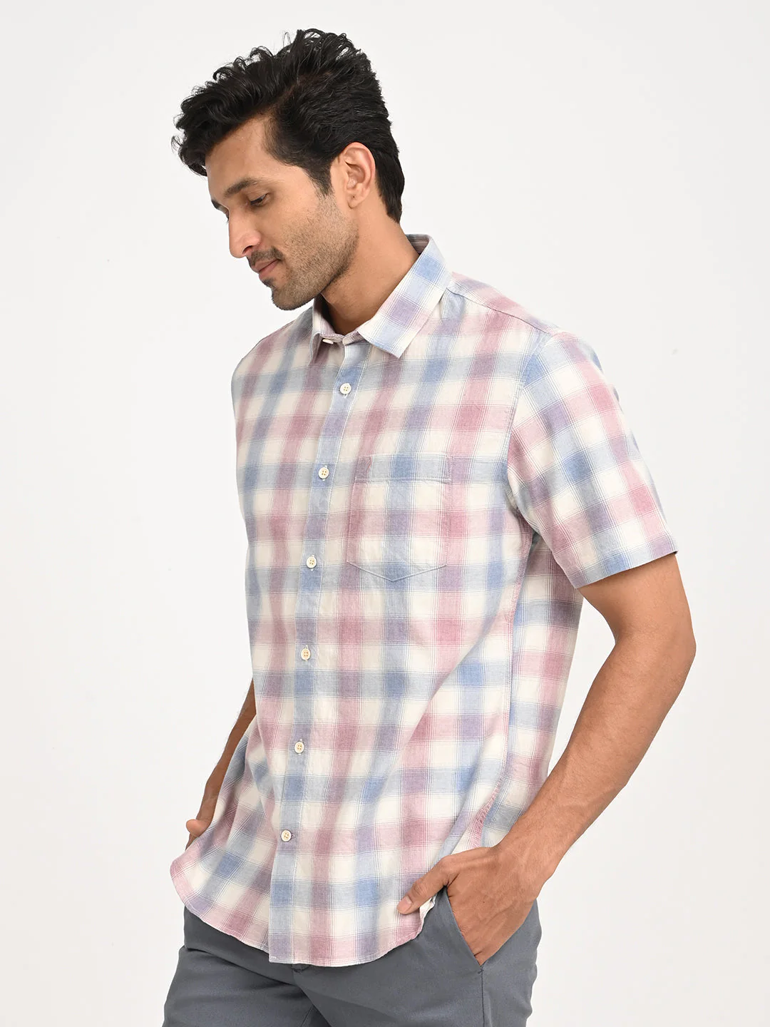 Men's Check Half Sleeve Cotton Shirt - Image 2