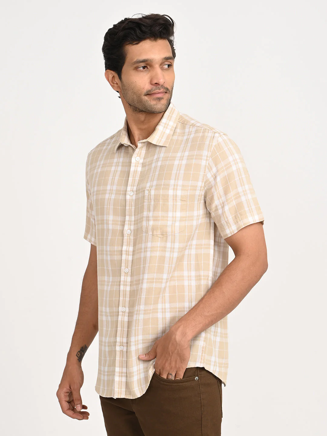 Men's Check Half Sleeve Tencel Blend Shirt - Image 2