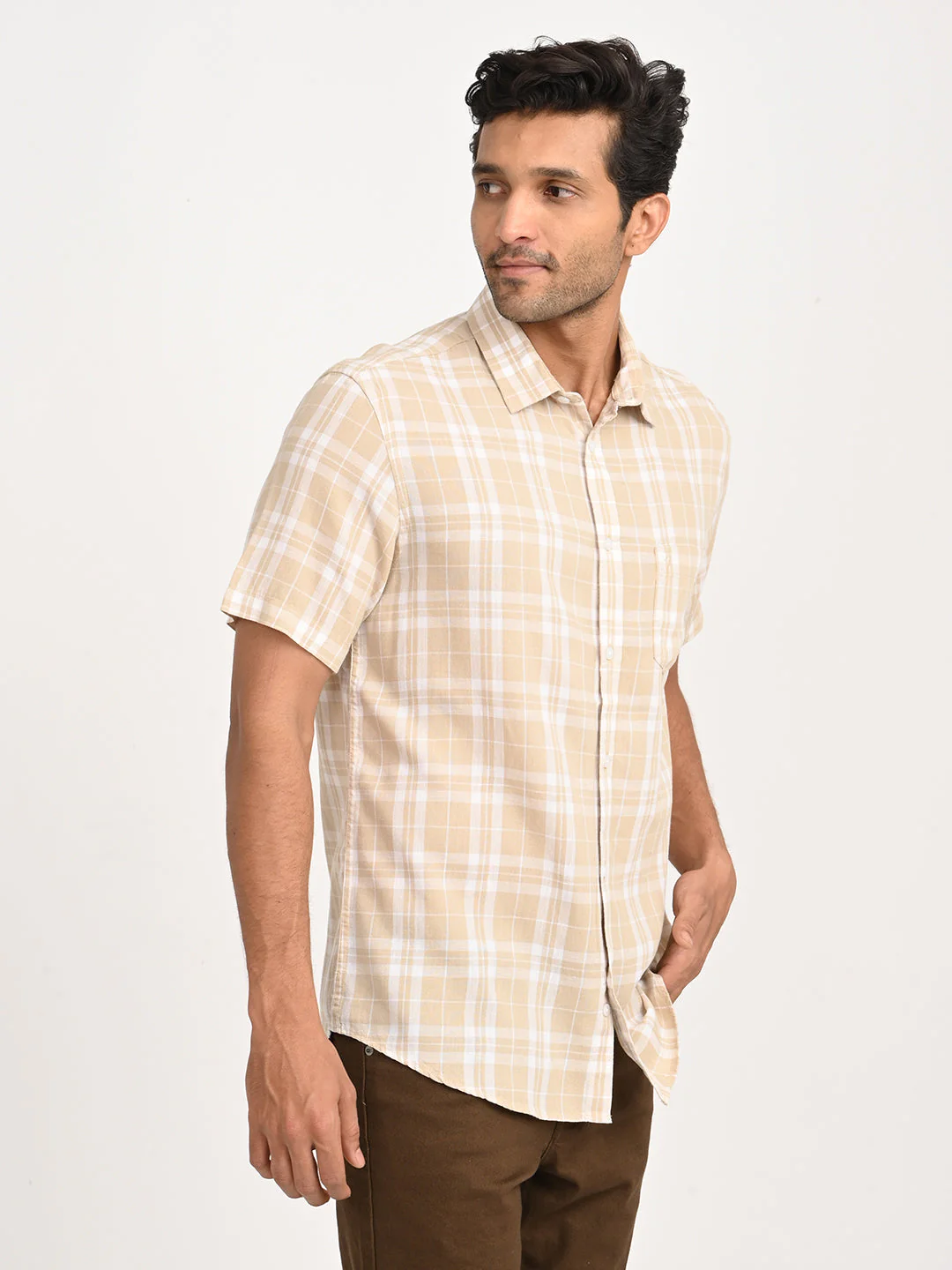 Men's Check Half Sleeve Tencel Blend Shirt - Image 3