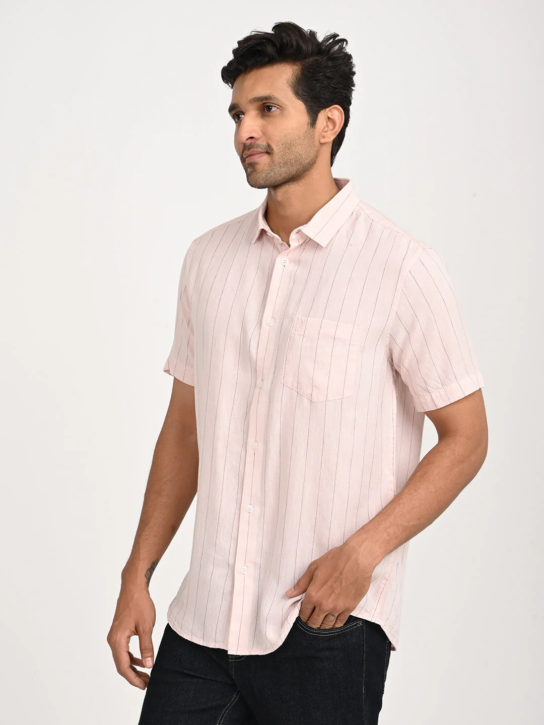 Men's Striped Half Sleeve Tencel Blend Shirt - Image 2