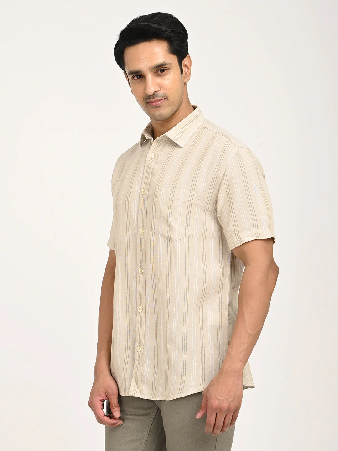 Men's Striped Half Sleeve Tencel Blend Shirt - Image 2