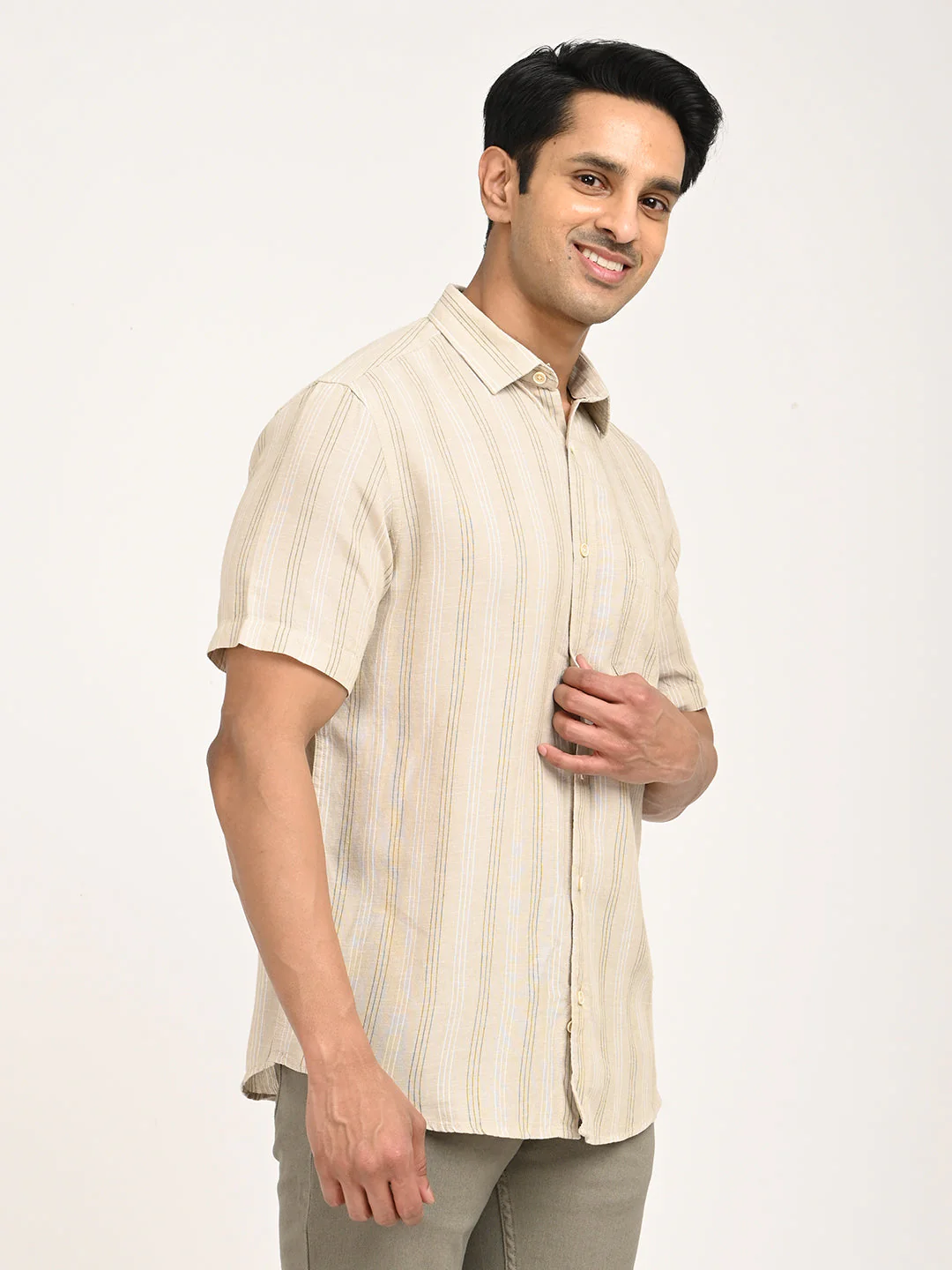 Men's Striped Half Sleeve Tencel Blend Shirt - Image 3